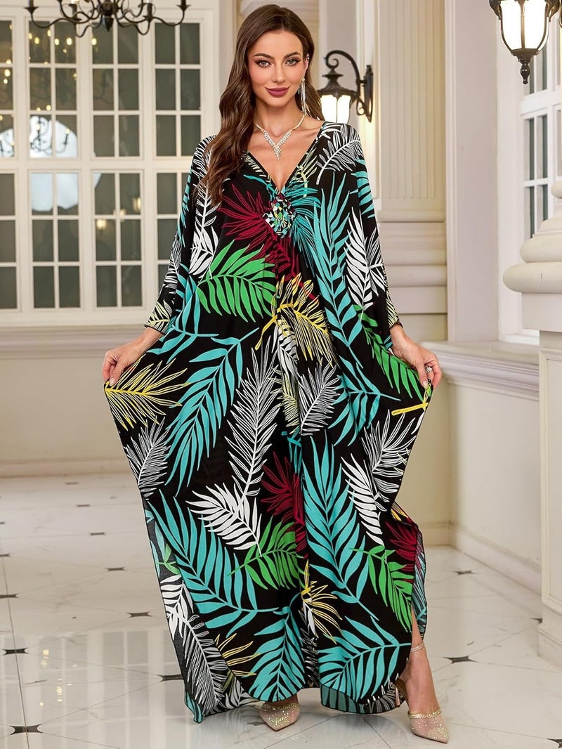 KEYLORTING Women’s Kaftan Beach Cover Up Dress Plus Size Summer Swimsuit Loungewear Maxi Dress - Image 4